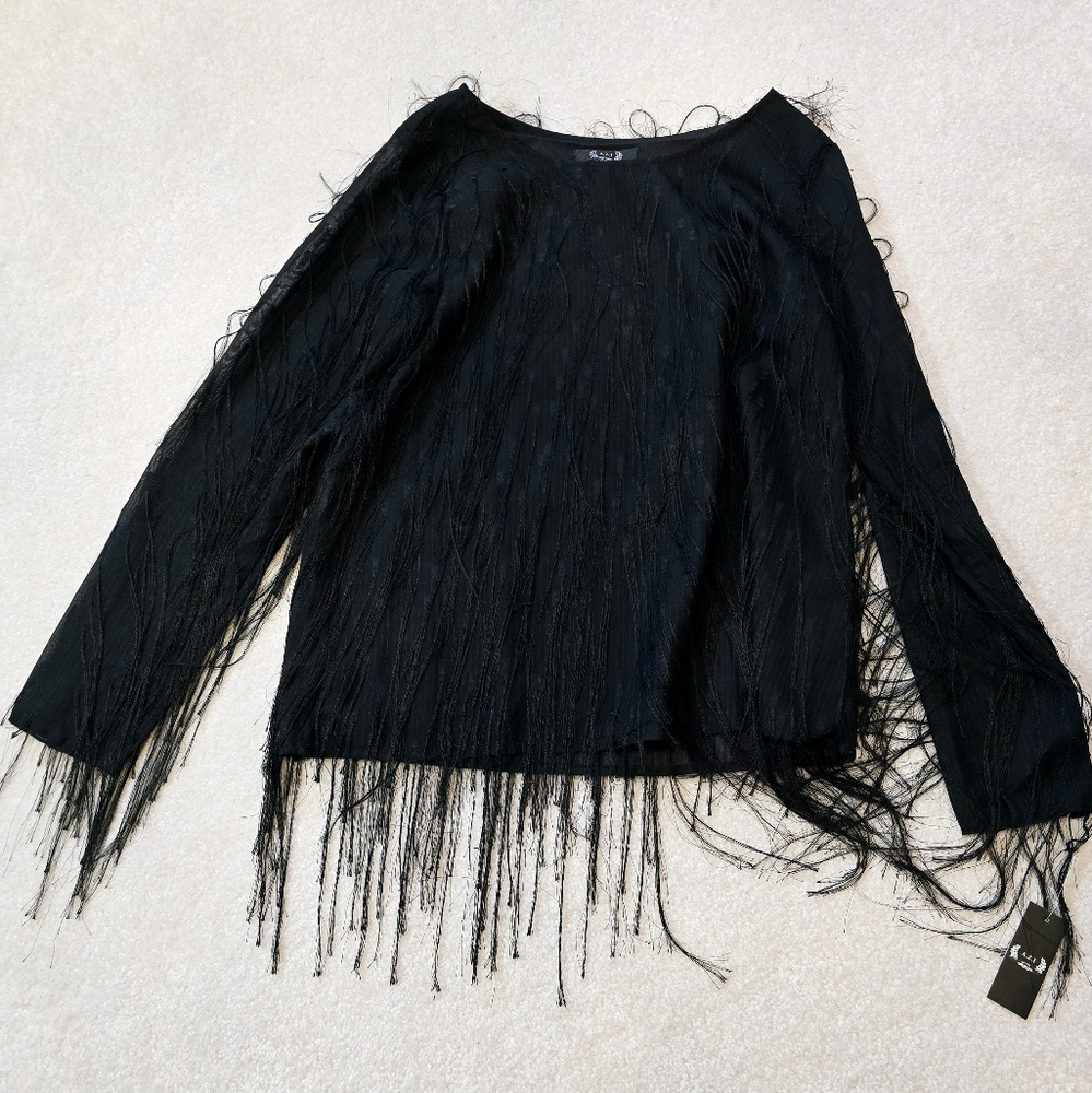 3/$50 A.Z.I New York boutique fringe string sheer top avant guard Gothic edgy